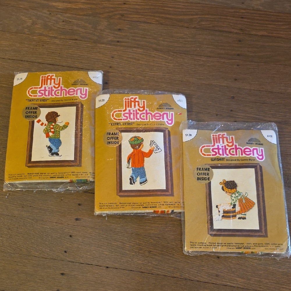 Jiffy Stitchery - 3 Craft Kit - Embroidety/ Crewel. Vtg  By Sunset Designs NEW